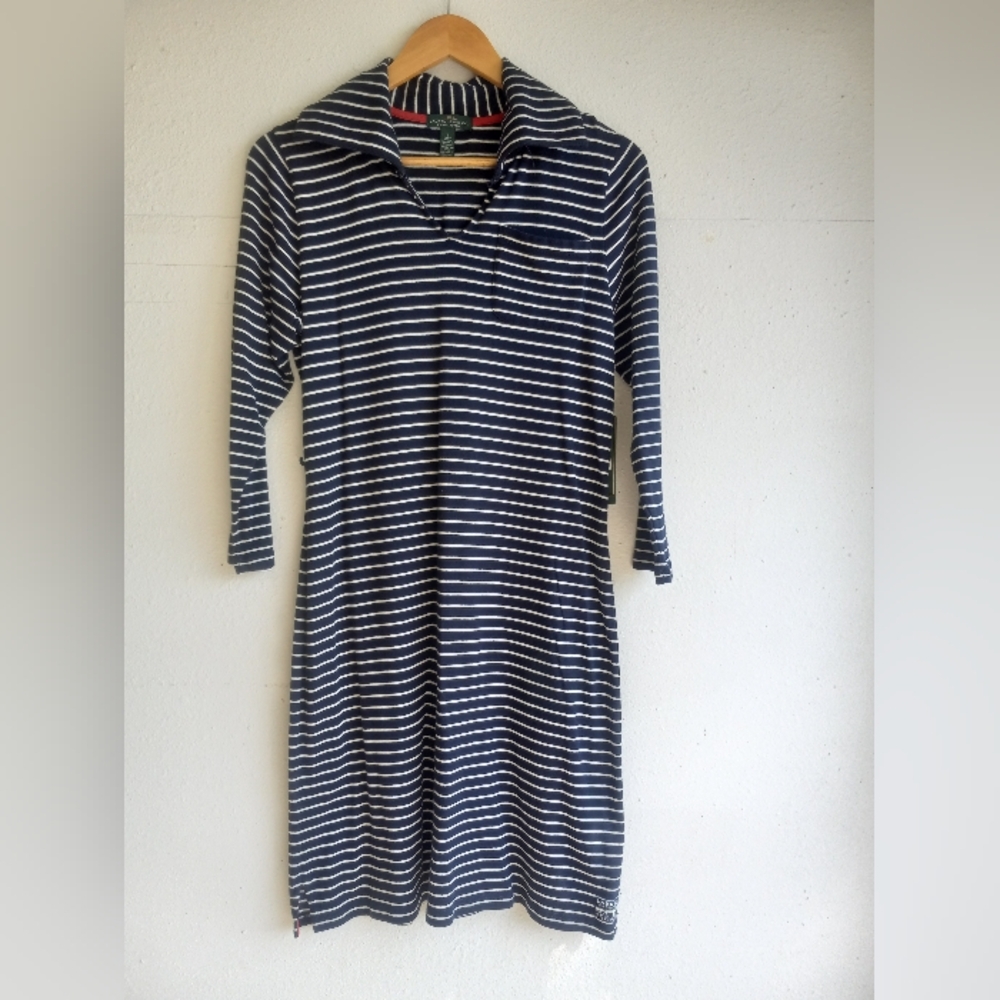 New Lauren Ralph Lauren Navy Blue and White Striped Sheath Dress 3/4 Sleeve Sz S